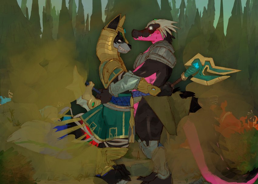 anthro blush cosplay duo embarrassed eye_contact fainting fart fart_cloud fart_fetish gas grin hug looking_at_another male male/male smelly smile teasing unconscious loki_lemuria akeru skunkor alligator alligatorid crocodilian mammal mephitid reptile scalie skunk absurd_res hi_res