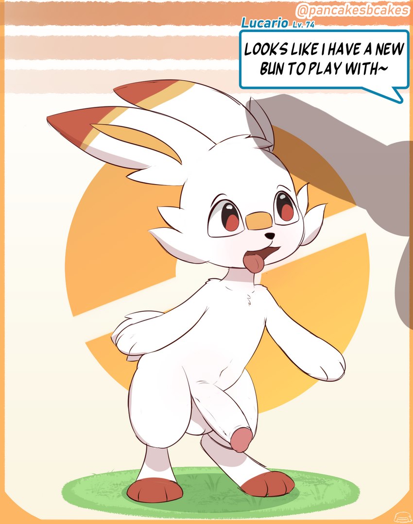 anthro balls genitals humanoid_genitalia humanoid_penis male offscreen_character penis penis_shadow simple_background solo speech_bubble standing text pancakesbakecakes nintendo pokemon generation_8_pokemon pokemon_(species) scorbunny english_text hi_res