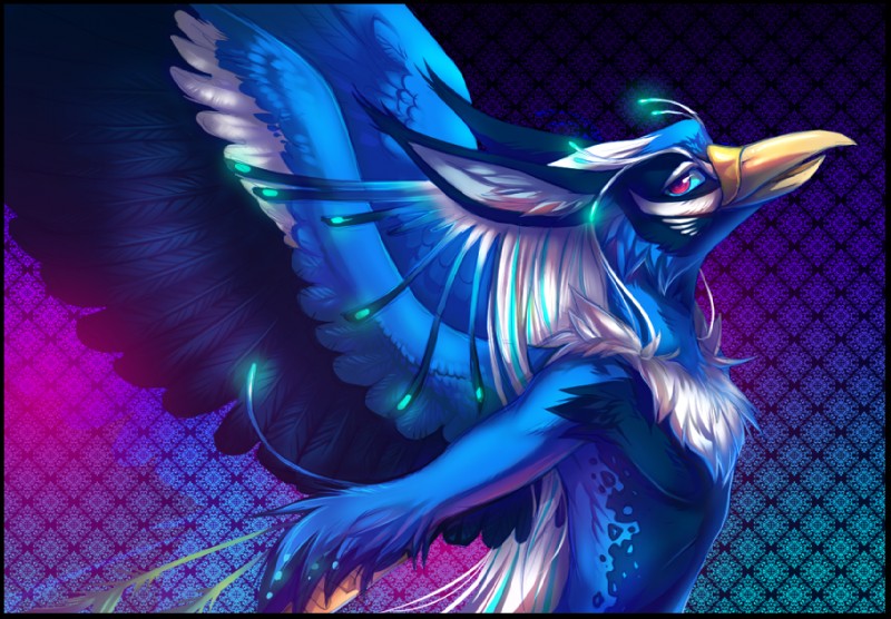 anthro beak bioluminescence black_border blue_body blue_feathers blue_sclera border chest_tuft feathered_wings feathers fur glowing glowing_spots hair long_hair looking_at_viewer male nude pattern_background red_eyes simple_background solo spots tuft wings dagger_leonelli orange04 mythology phe_(dagger_leonelli) avian gryphon mythological_avian mythological_creature 2011 artist_collaboration