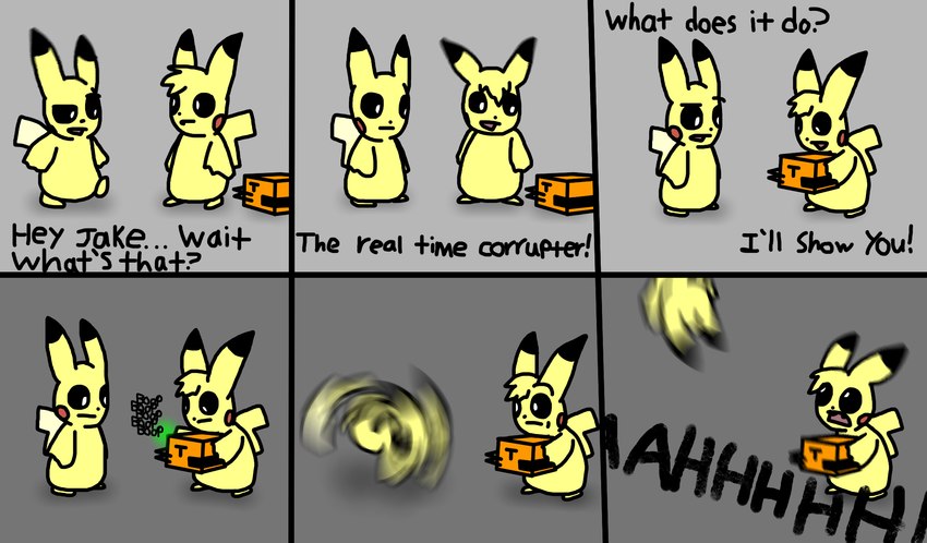 6_panel_comic black_eyes black_text cheek_spots dialogue duo ellipsis exclamation_point eyebrows grey_background hair holding_object looking_at_object male motion_lines open_mouth pupils question_mark red_cheeks screaming shadow simple_background sound_effects standing tail talking_to_another text white_pupils yellow_body yellow_tail skeletorskeletonized nintendo pokemon generation_1_pokemon pikachu pokemon_(species) 2017 comic digital_media_(artwork) english_text hi_res