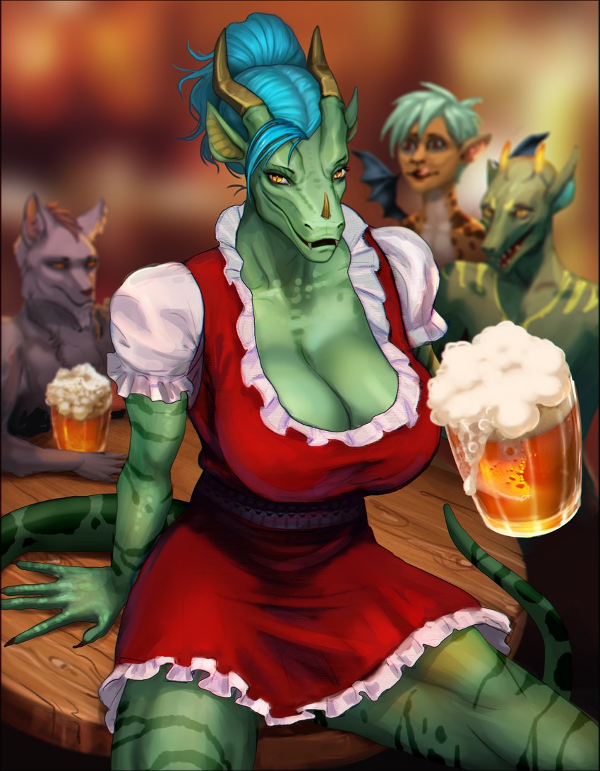 alcohol anthro barmaid beer beverage big_breasts blue_hair breasts claws clothed clothing costume cybernetics facial_horn female green_body green_eyes green_scales group hair horn huge_breasts looking_at_viewer machine non-mammal_breasts orange_eyes scales smile solo tail xestrago mythology diana_digma cyborg dragon hybrid mythological_creature mythological_scalie scalie absurd_res hi_res