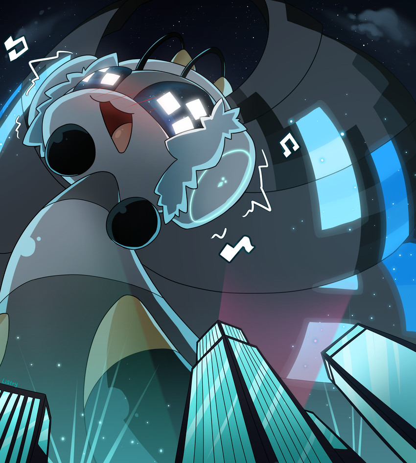 ambiguous_gender blush blush_lines building city dancing electronics gentle_giant happy headphones insect_wings macro musical_note musical_symbol night open_mouth open_smile outside skyscraper smile solo symbol text wings listrymistery nintendo pokemon generation_6_pokemon pokemon_(species) vivillon 2023 absurd_res artist_name digital_drawing_(artwork) digital_media_(artwork) english_description hi_res