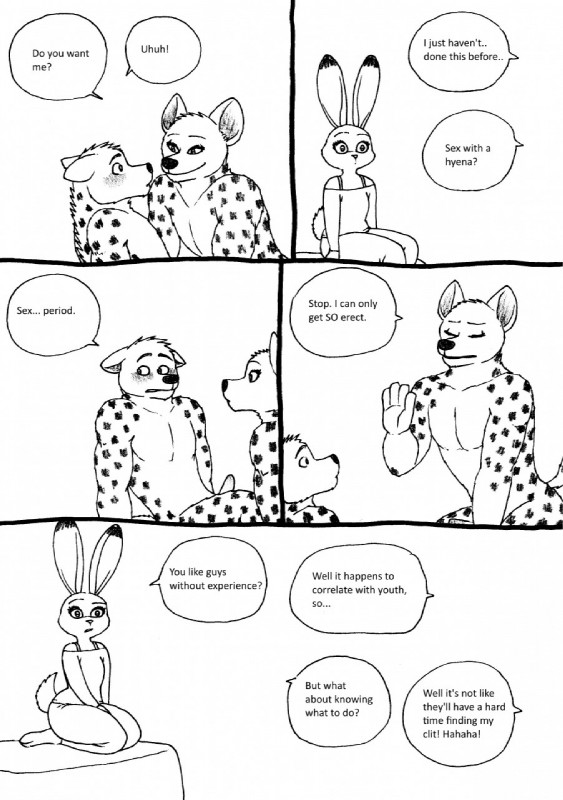 anthro blush clothing dialogue erection female flat_chested genitals group male penis text virgin voyeur bernielover disney zootopia becca_(bernielover) fan_character judy_hopps hyena lagomorph leporid mammal rabbit spotted_hyena comic english_text hi_res monochrome