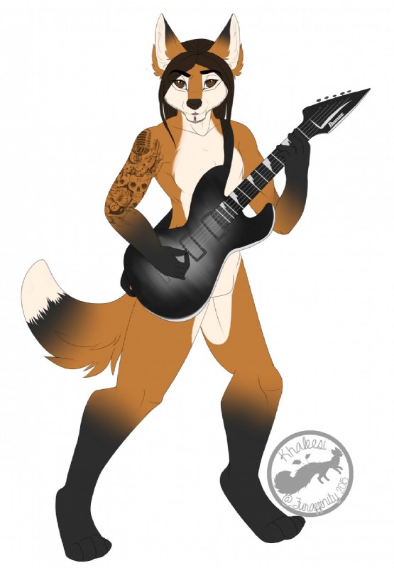 anthro biped featureless_crotch guitar holding_musical_instrument holding_object looking_at_viewer male musical_instrument nude playing_guitar playing_music plucked_string_instrument simple_background smile solo standing string_instrument tattoo white_background magic_(artist) canid canine fox mammal hi_res