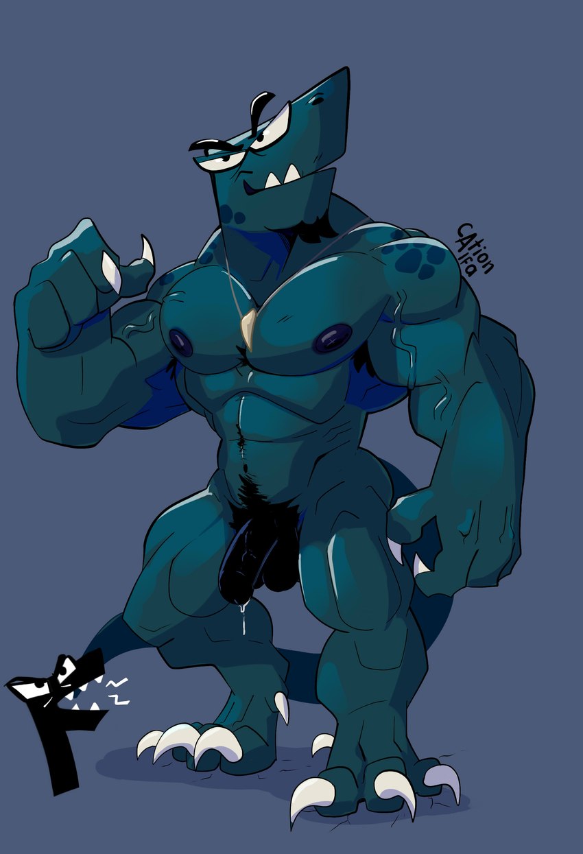 anthro balls bodily_fluids claws digitigrade duo flexing flexing_bicep genital_fluids genitals leaking_precum looking_at_viewer male muscular muscular_anthro muscular_male nipples nude penis precum cationalfa alphabet_(mike_salcedo) f_(mike_salcedo) scalie absurd_res digital_media_(artwork) hi_res