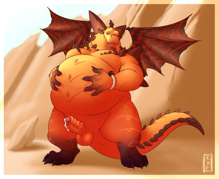 4_fingers anthro balls belly belly_fondling big_belly big_horn bodily_fluids cum erection fingers foreskin front_view genital_fluids genitals hand_on_belly holding_belly horn humanoid_genitalia humanoid_penis looking_at_viewer male nude orange_body orange_scales overweight overweight_anthro overweight_male partially_retracted_foreskin penis precum scales solo standing tail wings kronexfire activision mythology spyro_reignited_trilogy spyro_the_dragon magnus_(spyro) rescued_dragons_(spyro) dragon mythological_creature mythological_scalie scalie 2018