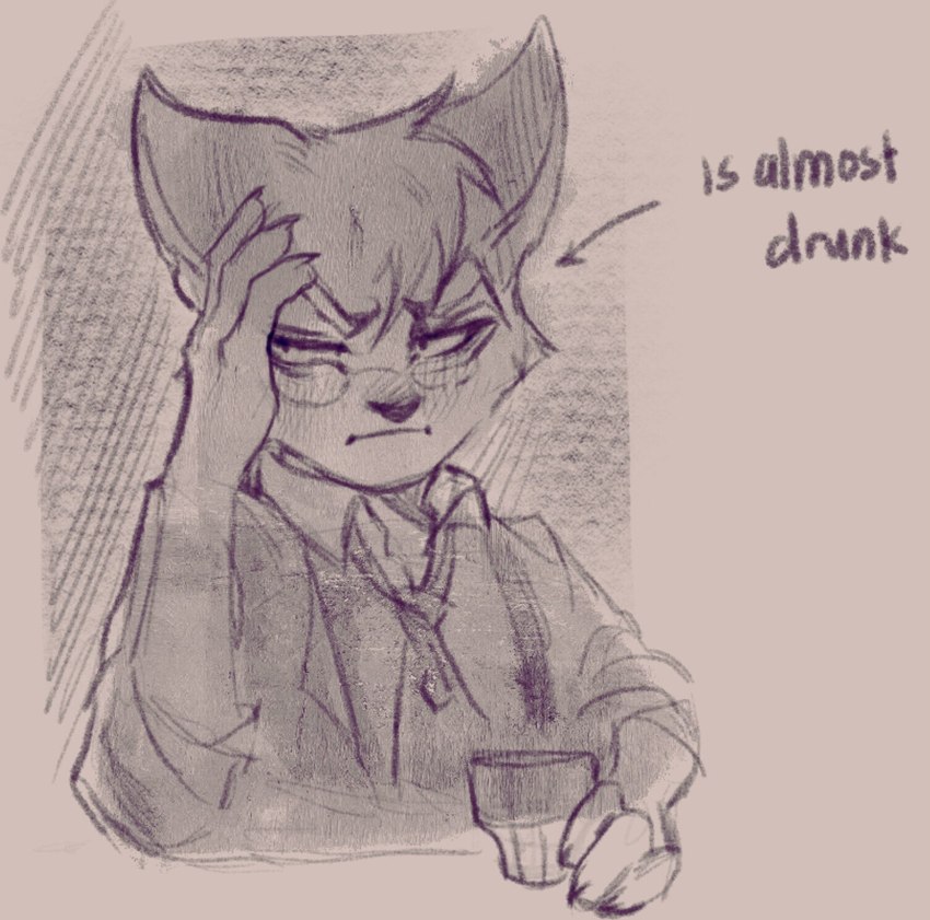 >:( anthro closed_frown clothed clothed_anthro clothed_male clothing collared_shirt container contextual_arrow cup directional_arrow drinking_glass drunk eyebrows eyewear fingers frown fully_clothed fully_clothed_anthro fully_clothed_male fur glass glass_container glass_cup glasses head_tuft male male_anthro mouth_closed necktie shirt shot_glass solo substance_intoxication text topwear tuft wearing_glasses 666calistaxx_(artist) lackadaisy mordecai_heller domestic_cat felid feline felis mammal 2023 english_text hi_res monochrome sketch