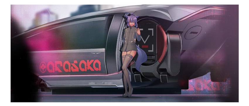 aircraft border clothing corporation cyberpunk cyberpunk_clothes dark_body dark_skin femboy flying_car footwear garter_straps gesture hair legwear long_shirt long_sleeve_shirt long_sleeves looking_at_viewer purple_hair smile smiling_at_viewer socks stockings thigh_highs thigh_socks vehicle waving waving_at_viewer white_border yellow_eyes arasaka cd_projekt_red cyberpunk_2077 animal_humanoid canid canine canis humanoid jackal mammal absurd_res hi_res