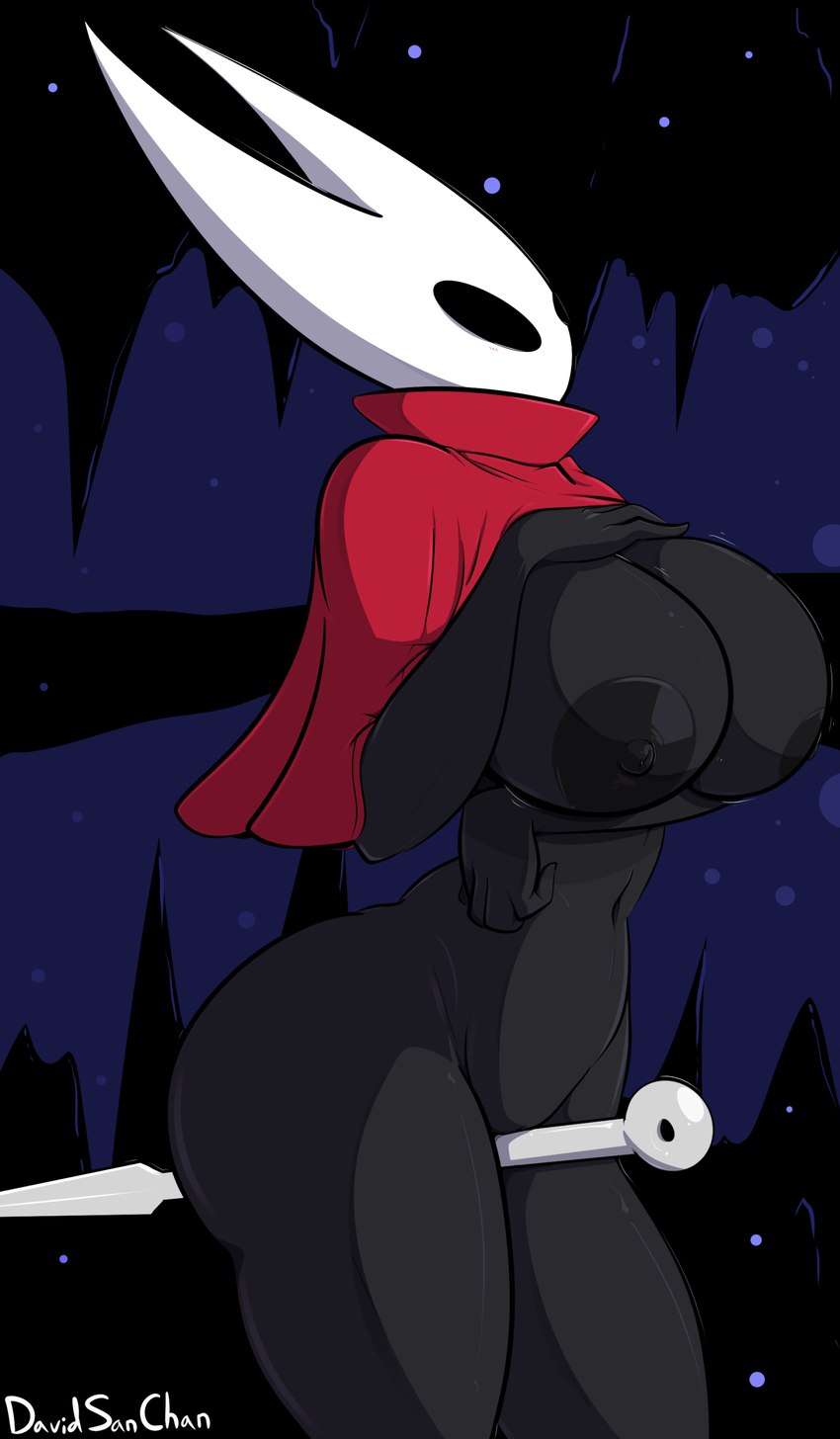 2_horns anthro areola big_breasts biped black_areola black_body black_breasts black_eyes black_nipples breasts butt clothing female fingers horn melee_weapon motion_lines nipples red_clothing solo standing text thick_thighs weapon white_head white_text davidsanchan hollow_knight team_cherry hornet_(hollow_knight) arthropod 2024 absurd_res artist_name digital_media_(artwork) english_text hi_res