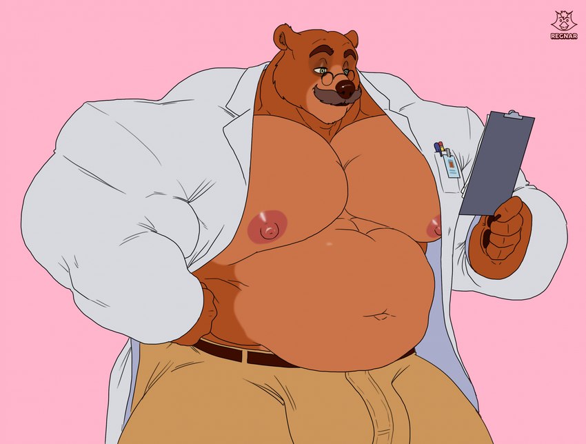 anthro belly big_muscles bottomwear brown_body bulge clipboard clothing coat eyebrows eyewear facial_hair glasses holding_object huge_muscles lab_coat male mature_anthro mature_male multicolored_body musclegut muscular muscular_male mustache navel nipples pants pecs pen pencil professor round_glasses solo thick_eyebrows topwear regnar bear mammal ursine 2022 digital_media_(artwork) flat_colors hi_res