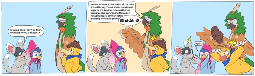 anthro blindfold clothing deerstalker_hat dialogue female feral group hat headgear headwear homophobia homophobic_slur kerchief male mask neckerchief neckwear physical_abuse slur speech_bubble text miau nintendo pokemon princess_waddle privatepsy shade_brightfeathers thief_minccino anatid anseriform avian bird decidueye duck generation_1_pokemon generation_4_pokemon generation_5_pokemon generation_7_pokemon minccino owl penguin piplup pokemon_(species) psyduck absurd_res comic english_text hi_res