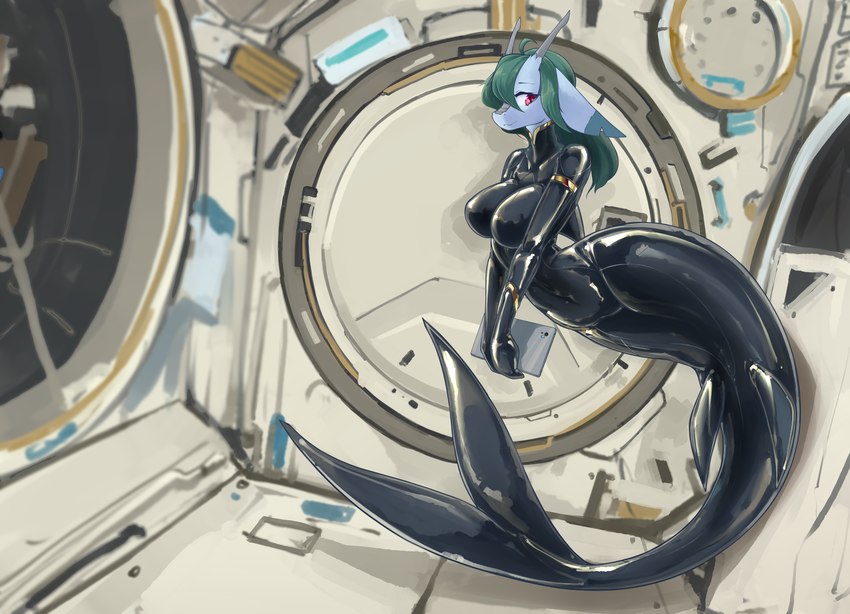 anthro astronaut astronaut_suit big_breasts breasts clothed clothing collar female fin gloves hair handwear horn latex latex_clothing latex_skinsuit looking_at_viewer rubber_clothing skinsuit smile solo spacecraft spacesuit split_form tight_clothing vehicle weightlessness zero_gravity shanher mythology shanher_(character) dragon marine merfolk mythological_creature mythological_scalie scalie absurd_res hi_res