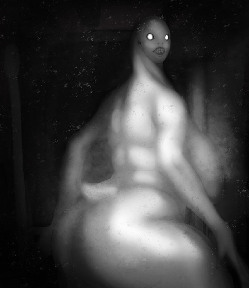 bald big_breasts big_butt breasts butt clenched_teeth empty_eyes female glowing glowing_eyes grainy grey_body horror_(theme) huge_breasts huge_butt long_neck looking_at_viewer looking_back looking_back_at_viewer nightmare_fetish_fuel nude rear_view short_tail slightly_chubby slightly_chubby_female slightly_chubby_humanoid solo tail teeth thick_thighs uncanny_valley white_eyes wide_hips hxveuseenmypen scp_foundation humanoid monster monstrous_humanoid scp-3199 tailed_humanoid absurd_res greyscale hi_res monochrome