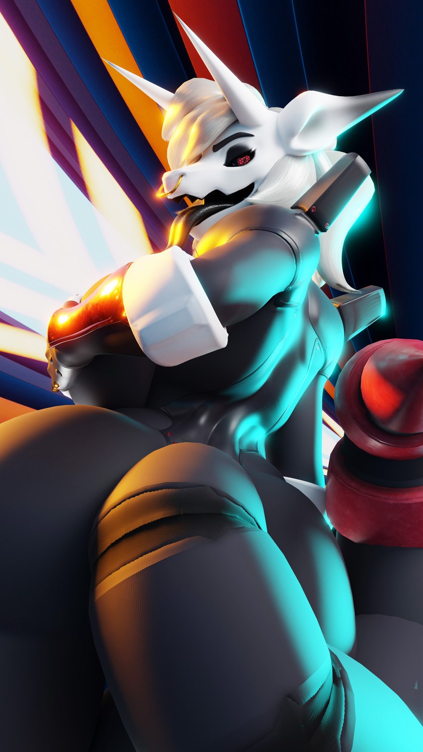 abstract_background anthro arm_over_breasts armor bedroom_eyes big_breasts black_body breast_squish breasts clothed clothing condescending covering covering_breasts crossed_legs curled_tail curved_tail facial_piercing female female_anthro fingers gloves hair hand_on_breast handwear horn huge_breasts long_tongue looking_at_viewer looking_back looking_back_at_viewer mostly_nude narrowed_eyes nose_piercing nose_ring partially_clothed piercing red_eyes ring_piercing seductive segmented_tail septum_piercing septum_ring smile smirk solo squish tail tongue tongue_out white_hair fever-dreamer nintendo pokemon titanium_(aggrontitanium) aggron generation_3_pokemon pokemon_(species) 3d_(artwork) 4k 9:16 absurd_res blender_(artwork) digital_media_(artwork) hi_res