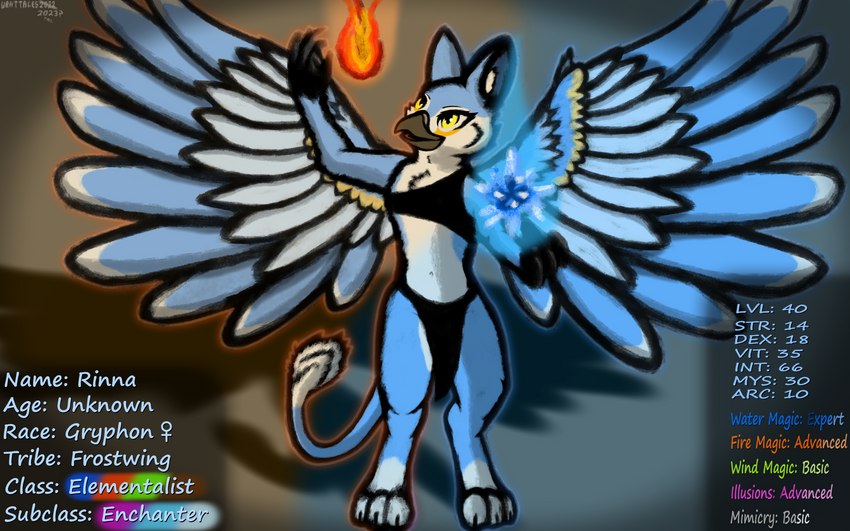 anthro blue_body blue_feathers breechcloth elemental_manipulation feathers female fire fire_manipulation ice_manipulation looking_away magic magic_user simple_background smile solo spread_wings standing stats tail tail_tuft text tuft unknown_age water_manipulation wings wrattales2022 mythology rinna_(wrattales2022) avian gryphon mythological_avian mythological_creature 16:10 absurd_res english_text hi_res widescreen