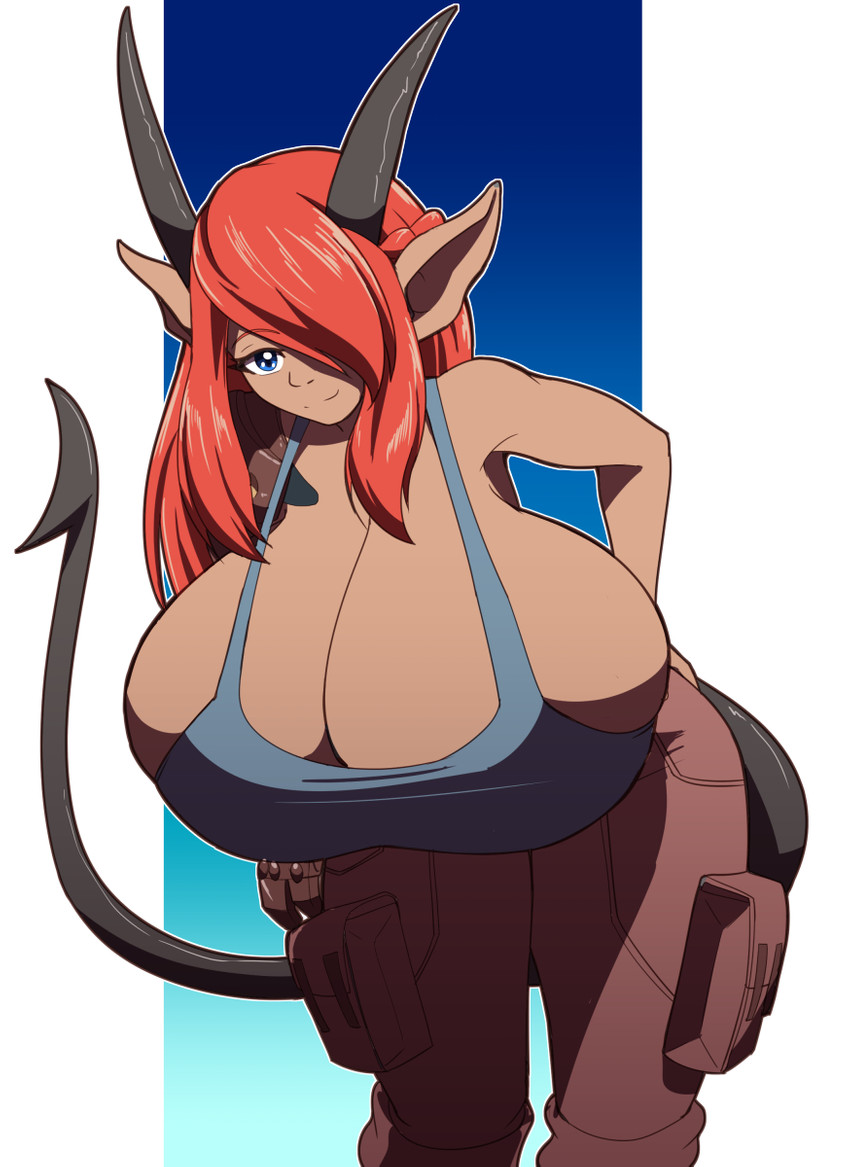 bent_over big_breasts blue_eyes bottomwear breasts cargo_pants cleavage clothed clothing dark_body dark_skin female hair hair_over_eye horn huge_breasts humanoid_pointy_ears looking_at_viewer not_furry one_eye_obstructed pants pointy_ears red_hair solo kojiro-brushard demon demon_humanoid humanoid hi_res