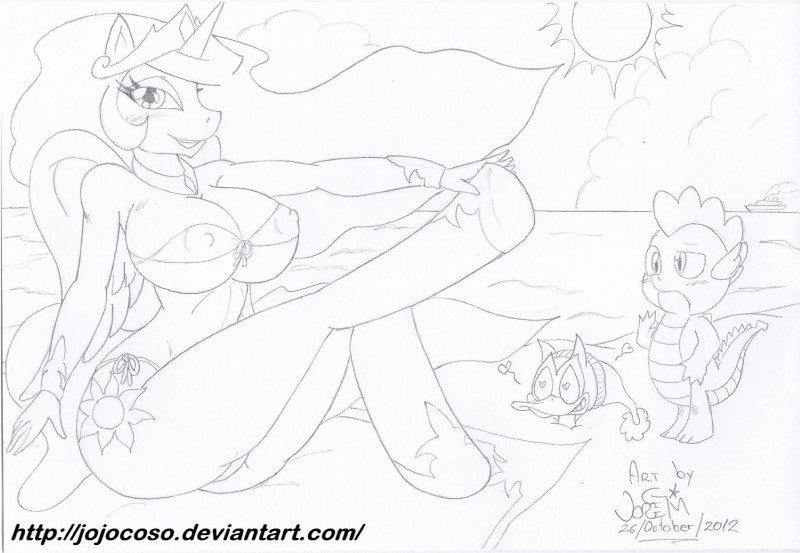 anthro big_breasts bikini breasts cleavage clothed clothing feathered_wings feathers female group hair horn male nipple_outline skimpy swimwear tail text two-piece_swimsuit wings jojocoso friendship_is_magic hasbro my_little_pony mythology princess_celestia_(mlp) spike_(mlp) anatid anseriform avian bird dragon duck equid equine mammal mythological_creature mythological_equine mythological_scalie scalie winged_unicorn hi_res monochrome url