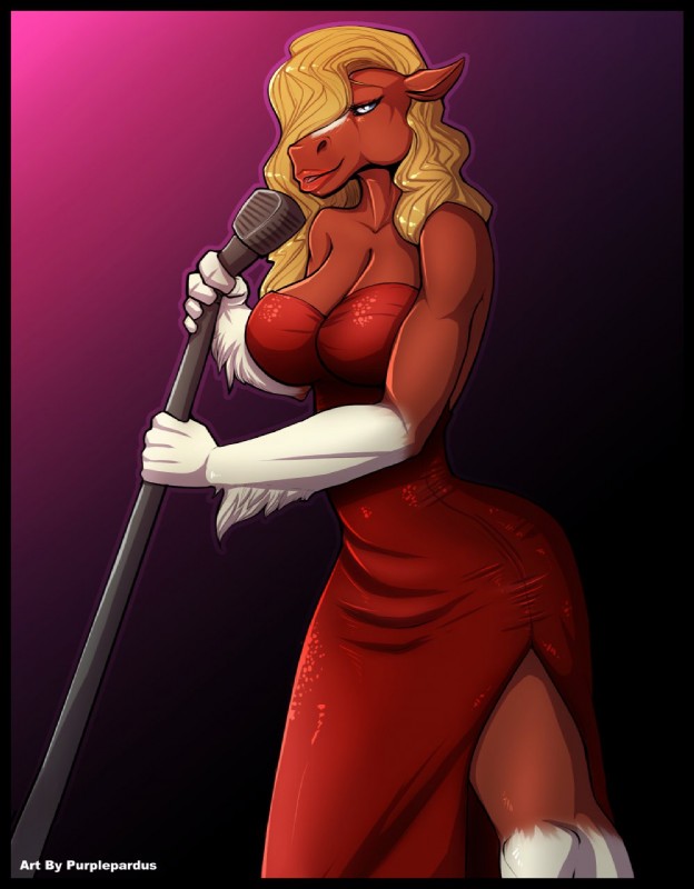 anthro breasts cleavage clothed clothing dress electronics female hair microphone solo purplepardus jacqueline_rosenthal_(sergeantbuck) clydesdale draft_horse equid equine horse mammal hi_res