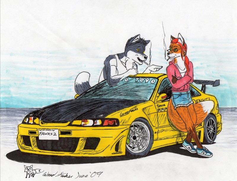 anthro car cigarette clothed clothing crossdressing dipstick_tail duo femboy male markings scan smoke smoking tail tail_markings text vehicle wred honda thaddeus_character wred_(character) canid canine canis fox mammal wolf absurd_res english_text hi_res