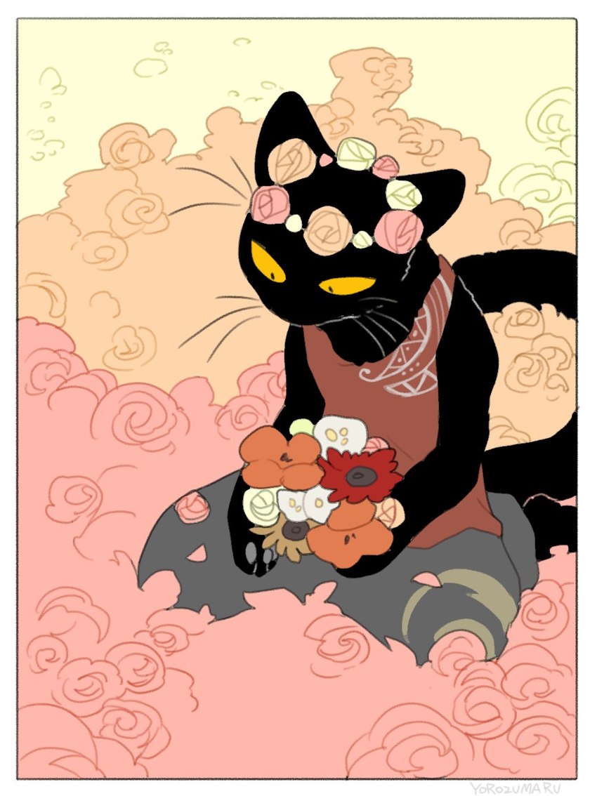 ambiguous_gender anthro black_body clothed clothing flower_garland solo tail whiskers yellow_eyes yorozumaru urushi_(yorozumaru) domestic_cat felid feline felis mammal 2021 hi_res