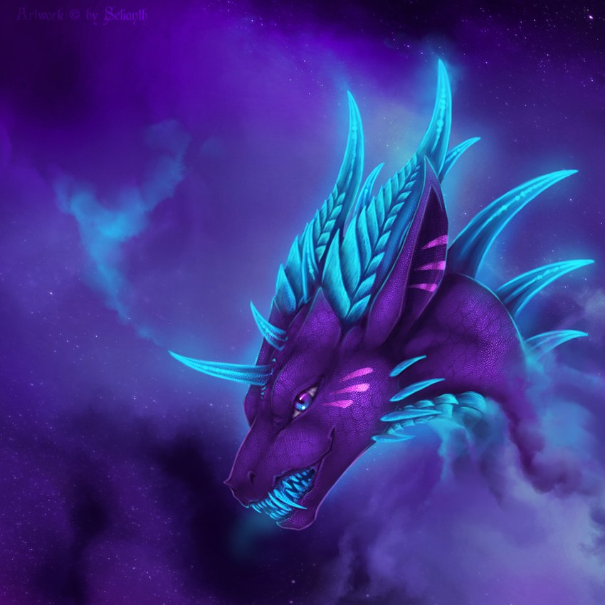 ambiguous_gender blue_horn blue_spines blue_teeth cloud feral glowing horn purple_body purple_scales scales sky solo space star starry_sky teeth selianth mythology dragon mythological_creature mythological_scalie scalie 1:1 headshot_portrait portrait