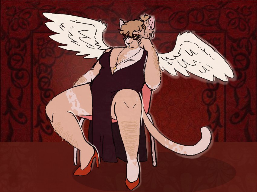 anthro arm_hair blonde_hair body_hair chair clothed clothing dress ear_piercing eyewear female furniture hair hairless hairy_legs jewelry necklace piercing ponytail red_clothing red_dress sitting solo wings werevold ghost_werevold domestic_cat felid feline felis hairless_cat mammal sphynx_(cat) 4:3 hi_res