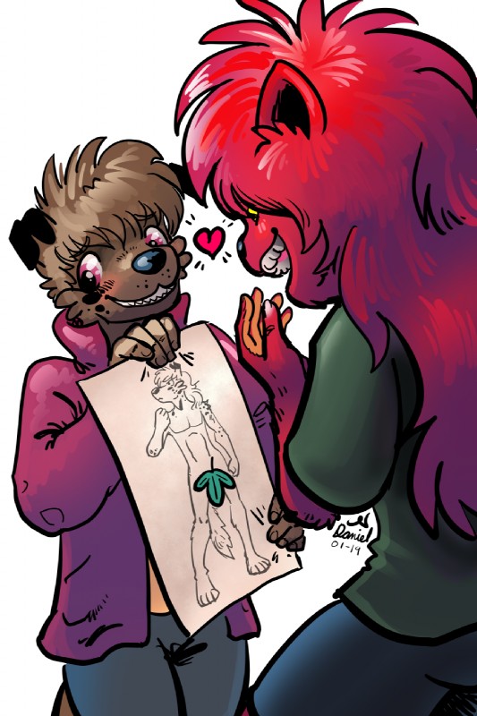 anthro big_hair biped blush clothed clothing convenient_censorship drawing duo female fig_leaf fur hair heart_symbol leaf male nervous nude red_body red_fur romantic romantic_couple simple_background smile spots p5ych latchkey_kingdom harold_(latchkey_kingdom) stella_sparkchild 2:3 digital_media_(artwork) hi_res