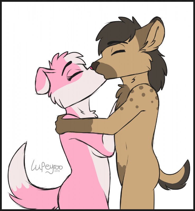 anthro blue_eyes breasts brown_body brown_fur brown_nose duo female fur kissing male male/female nude pink_body pink_fur pink_nose romantic romantic_couple lupeyroo felicity_fluff canid canine canis domestic_dog hyde hyena mammal spotted_hyena hi_res