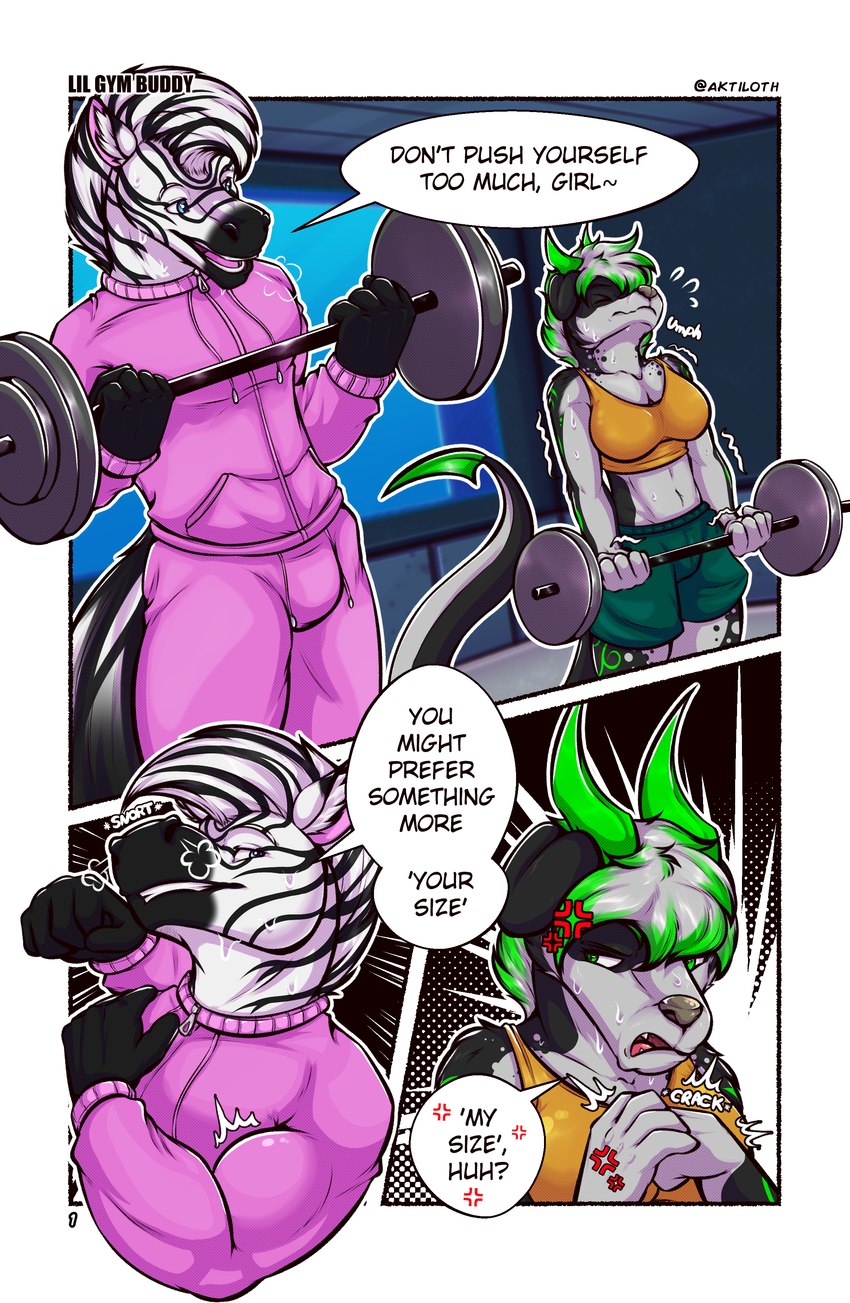 angry anthro athletic_wear bodily_fluids bottomwear clothed clothing comic_panel cracking_knuckles crop_top cropped_topwear cross-popping_vein dialogue exercise exercise_clothing exercise_equipment female flexing flexing_bicep flexing_muscles floppy_ears fur fur_markings gym gym_bottomwear gym_shorts gym_topwear horn inner_ear_fluff markings shaking shirt shorts snort snorting stripes sweat sweatdrop teasing text topwear tuft workout workout_clothes workout_clothing workout_equipment workout_outfit zipper aktiloth canid canine equid equine mammal zebra absurd_res comic english_text hi_res