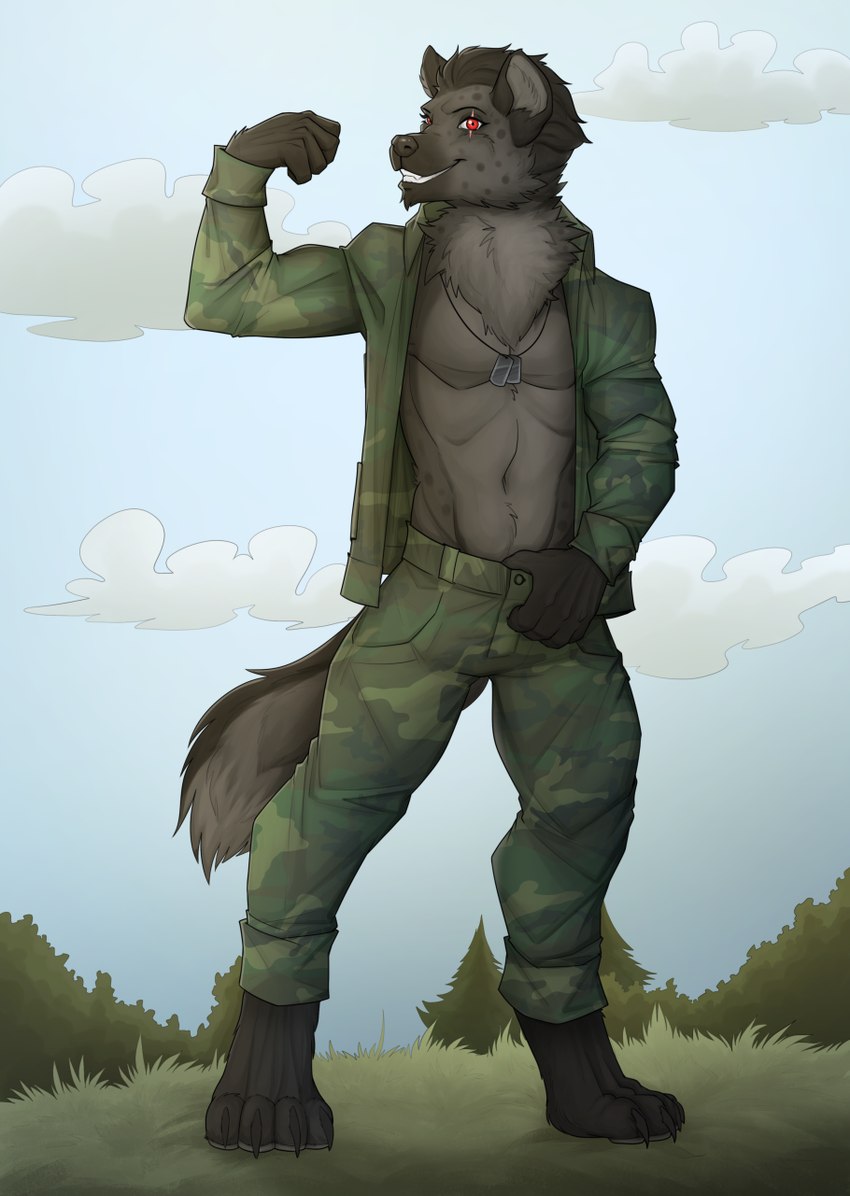 abs anthro army army_outfit army_uniform bare_chest barefoot biceps bottomwear camo camo_bottomwear camo_clothing camo_jacket camo_pants camo_print camo_topwear claws clothed clothing cloud dog_tags exposed_chest eye_scar facial_scar feet flexing flexing_bicep flexing_muscles fur grass grey_body grey_fur grin grinning_at_viewer holding_waistband jacket looking_at_viewer male manly markings military military_clothing military_jacket military_pants military_uniform muscular muscular_anthro muscular_male open_clothing open_jacket open_topwear outside pants pattern_bottomwear pattern_clothing pattern_pants pattern_topwear pecs plant pose presenting red_eyes scar seducing_viewer seductive showing_off_muscles sky smile soldier soldier_uniform solo spots spotted_body spotted_fur tail topwear tree uniform unzipped_clothing unzipped_jacket warrior redgreendied hyena mammal spotted_hyena hi_res