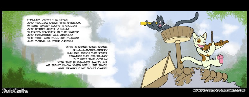 ambiguous_gender anthro black_body black_fur border brown_body brown_fur collar dialogue duo eyes_closed fiddle flat_chested fur raft river singing smile spots standing tail telescope tent text transparent_border water white_body white_fur rick_griffin housepets! fiddler_(housepets!) keys_(housepets!) domestic_cat felid feline felis mammal alpha_channel english_text