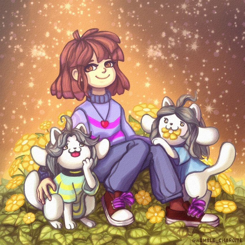 brown_hair clothed clothing female feral flower grey_hair group hair plant smile sparkles text tongue topwear trio white_body undertale undertale_(series) bob_(undertale) frisk_(undertale) temmie_(undertale) canid canine felid feline human mammal tem 1:1