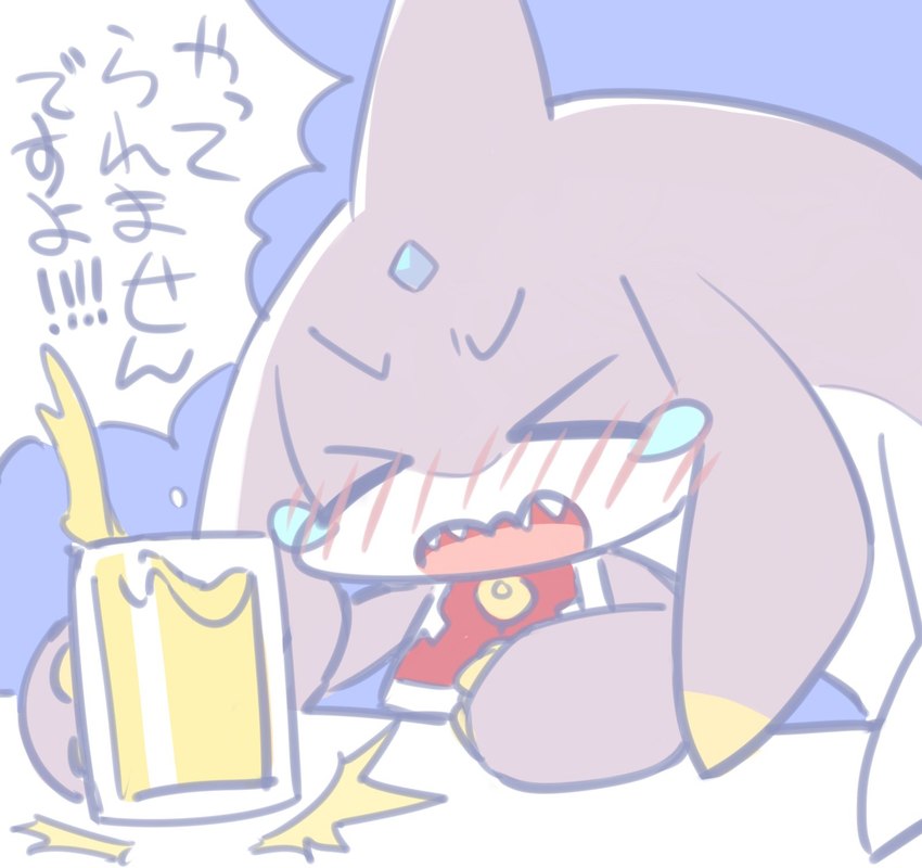 anthro beverage blue_background blush blush_lines dialogue eyes_closed female fin forehead_gem furniture gem open_mouth shark_fin sharp_teeth simple_background slamming sleeveless_jacket solo speech_bubble table teeth text yellow_fingers cotora ruka_(cotora) fish marine shark hi_res japanese_text