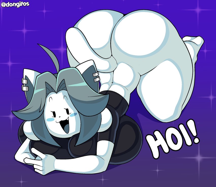 abstract_background all_fours anthro ass_up big_breasts big_butt bottomless breasts butt clothed clothing dialogue ear_piercing female gesture grey_hair hair hand_gesture looking_at_viewer open_mouth piercing solo sparkles text topwear v_sign white_body dongitos undertale undertale_(series) temmie_(undertale) canid canine felid feline mammal tem english_text hi_res url