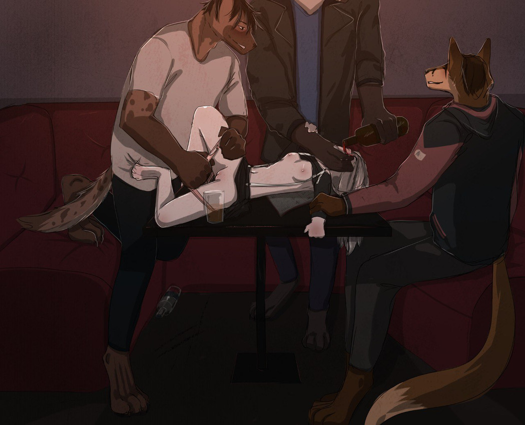 alcohol anthro beer beverage blush bodily_fluids bottomwear breasts clothed clothing container cup drinking_glass drunk female food forced fur genitals glass glass_container glass_cup group hair imminent_rape imminent_sex male male/female nipples nude open_mouth public public_nudity smile substance_intoxication tail tears topwear white_body white_fur yourumi kais_(yourumi) mieri_(yourumi) canid canine fox hyena lagomorph leporid mammal rabbit spotted_hyena digital_media_(artwork)