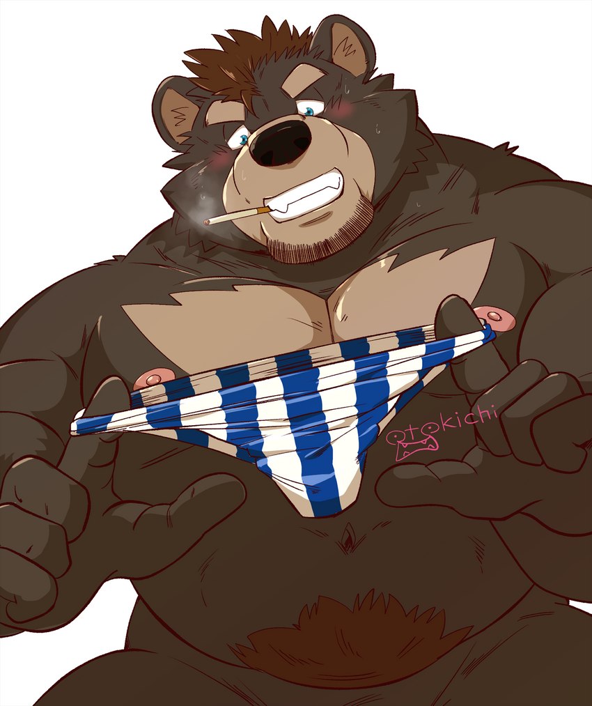 anthro black_body black_nose blue_eyes blush cigarette clothing humanoid_hands kemono male musclegut muscular overweight overweight_male simple_background smoking solo underwear white_background raichoclub bear mammal 2023 hi_res