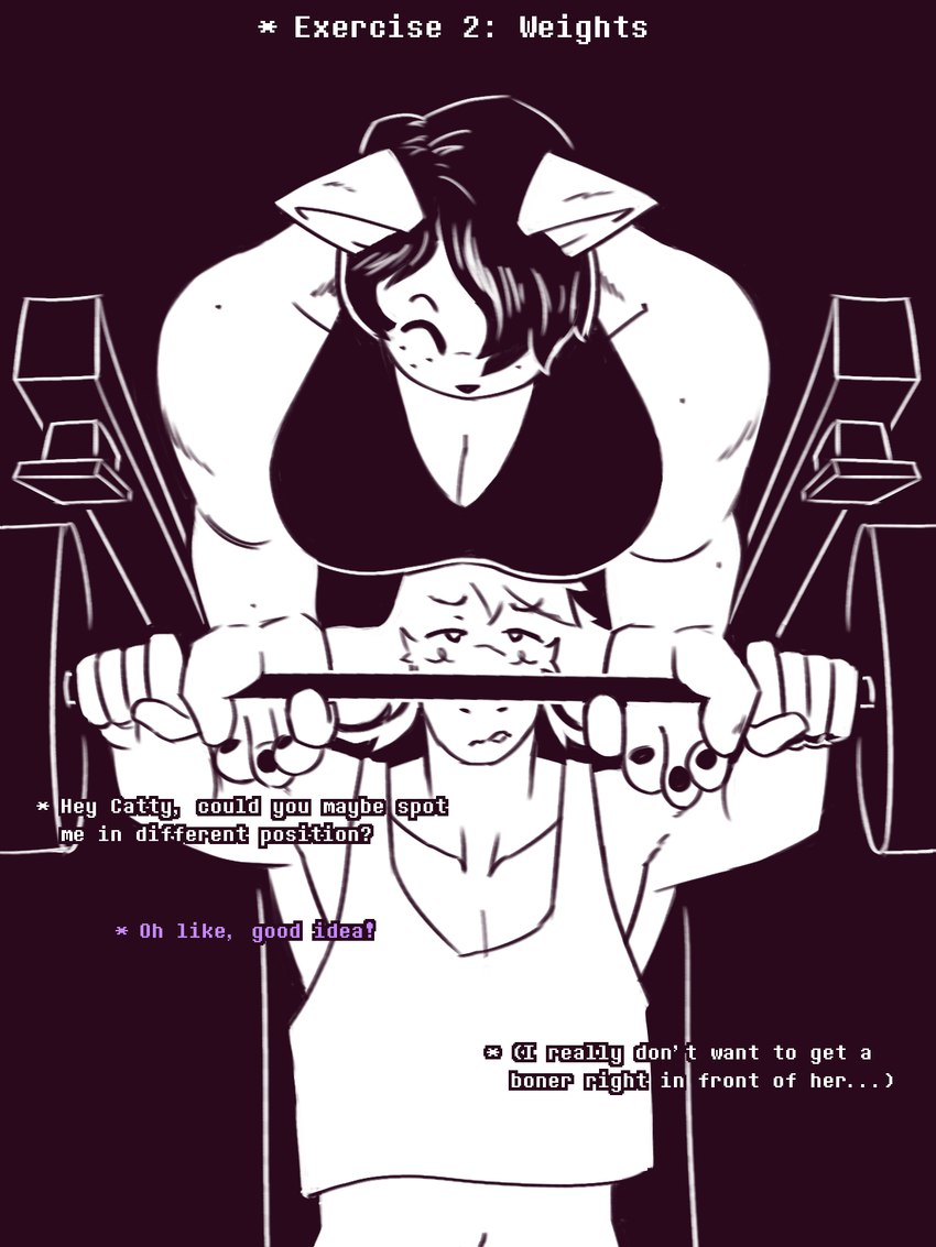 anthro athletic athletic_female athletic_wear bottomwear breasts cleavage clothed clothing duo female femboy group hair humiliation lying male male/female on_back pants skinny slightly_chubby text weights workout_clothing yoga_pants dracozhilla undertale undertale_(series) asriel_dreemurr catty_(undertale) boss_monster_(undertale) humanoid mammal 3:4 comic english_text hi_res