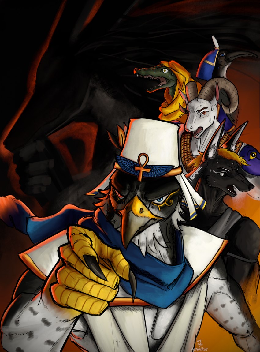 anthro bodily_fluids feet gesture group hand_gesture heterochromia male muscular pointing pointing_at_viewer shocked sweat talons toes litehase egyptian_mythology jojo's_bizarre_adventure middle_eastern_mythology mythology anubis horus khnum set_(deity) sobek thoth accipitrid accipitriform avian bird bovid canid canine canis caprine crocodilian deity ibis jackal mammal pelecaniform reptile scalie sheep threskiornithid hi_res