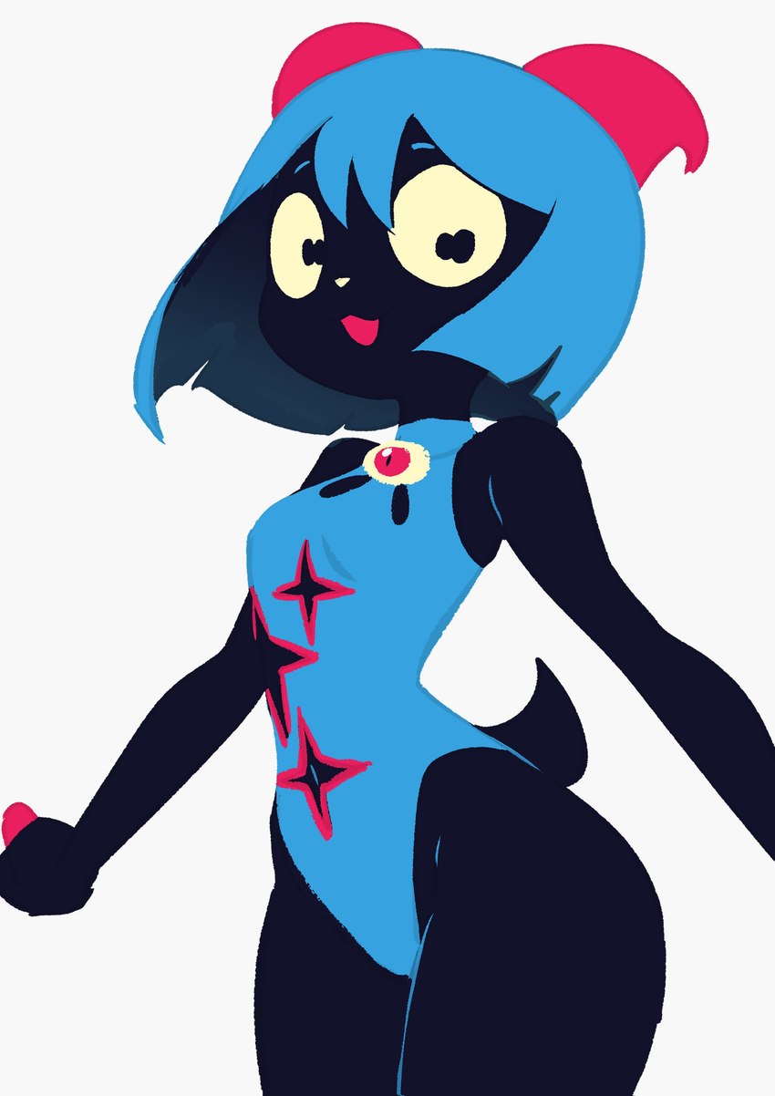 anthro black_body black_fur blue_hair bob_cut clothing eyeball female fur hair horizontal_pupils leotard pupils simple_background smile solo standing white_background colo amara_(axedraws) bovid caprine goat mammal absurd_res hi_res lineless