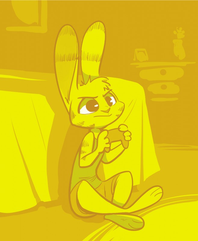 anthro barefoot biped clothed clothing controller crossed_legs dresser ear_markings facial_markings feet fur fur_markings furniture game_controller gaming head_markings head_tuft holding_object inside male markings sitting solo tuft yellow_monochrome fuel_(artist) disney ouya zootopia jack_savage lagomorph leporid mammal rabbit 2018 hi_res monochrome restricted_palette yellow_theme