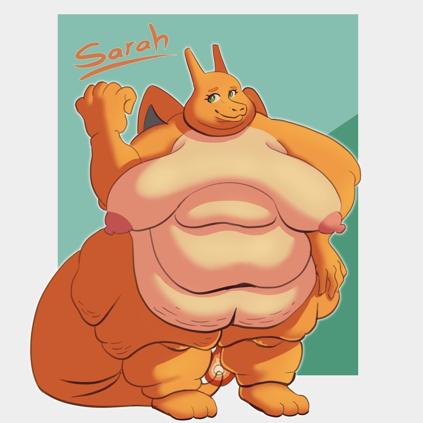 anthro belly belly_overhang big_belly big_breasts breasts cellulite countershading fat_arms female fire horn nude obese obese_female orange_body orange_scales overweight overweight_female pokemorph scales solo thick_thighs weight_gain wide_hips wings luminared nintendo pokemon charizard generation_1_pokemon pokemon_(species) 1:1 absurd_res hi_res