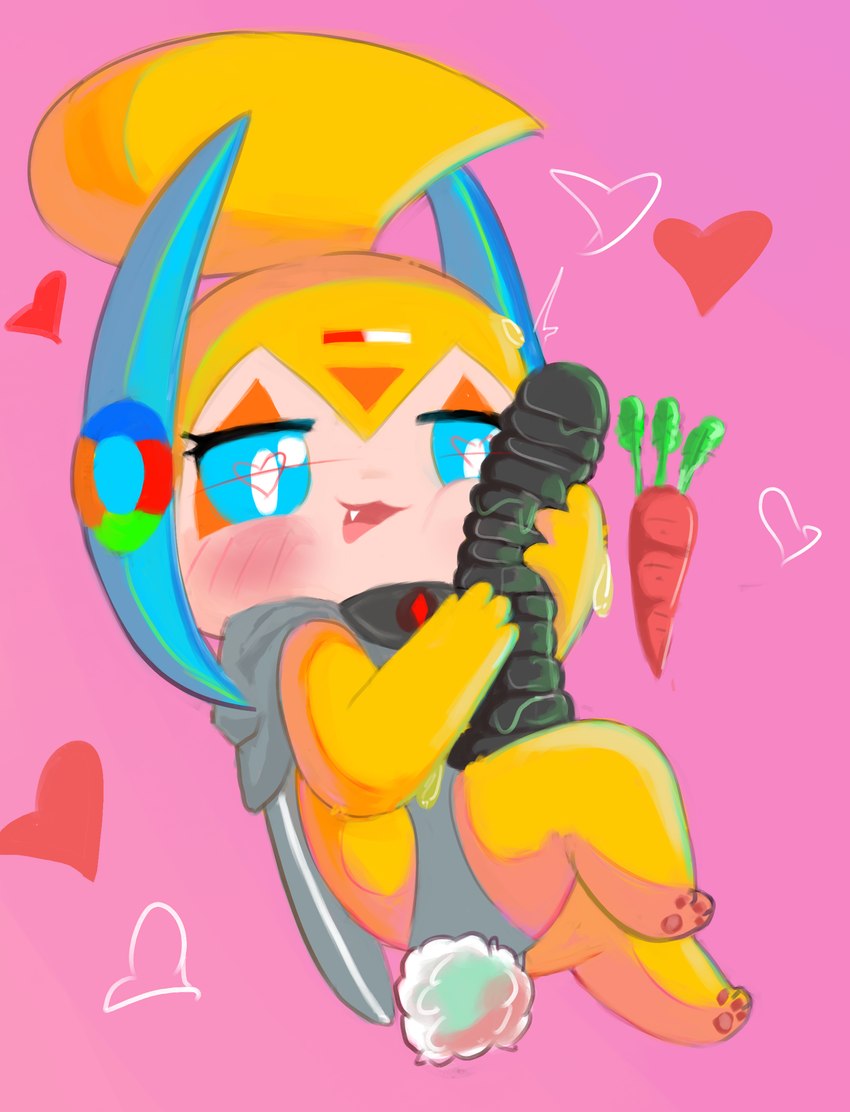 ambiguous_gender anthro blue_eyes bodily_fluids carrot dildo dildo_on_face food fur heart_eyes heart_symbol huge_dildo pink_background plant scut_tail sex_toy sexy_underwear short_tail simple_background solo sweat tail vegetable yellow_body yellow_fur bawu bawu_(character) absurd_res hi_res