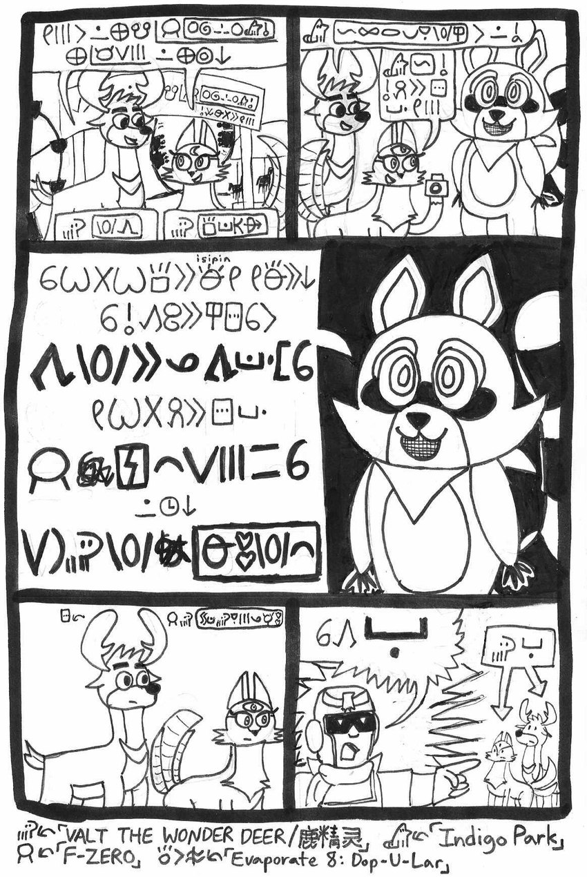 3_eyes 3_tails amusement_park amusement_ride anthro antlers camera carousel dialogue feral ferris_wheel gesture group hand_gesture horn humor insult mascot_costume multi_eye multi_tail pointing pointing_at_another roller_coaster speech_bubble tail text toki_pona_description trio kittsudon f-zero indigo_park valt_the_wonder_deer captain_falcon rambley_raccoon trika valt deer domestic_cat felid feline felis human mammal procyonid raccoon 2024 chinese_text constructed_language crossover english_text hi_res monochrome partially_translated sitelen_pona toki_pona_text traditional_media_(artwork) translation_check translation_request