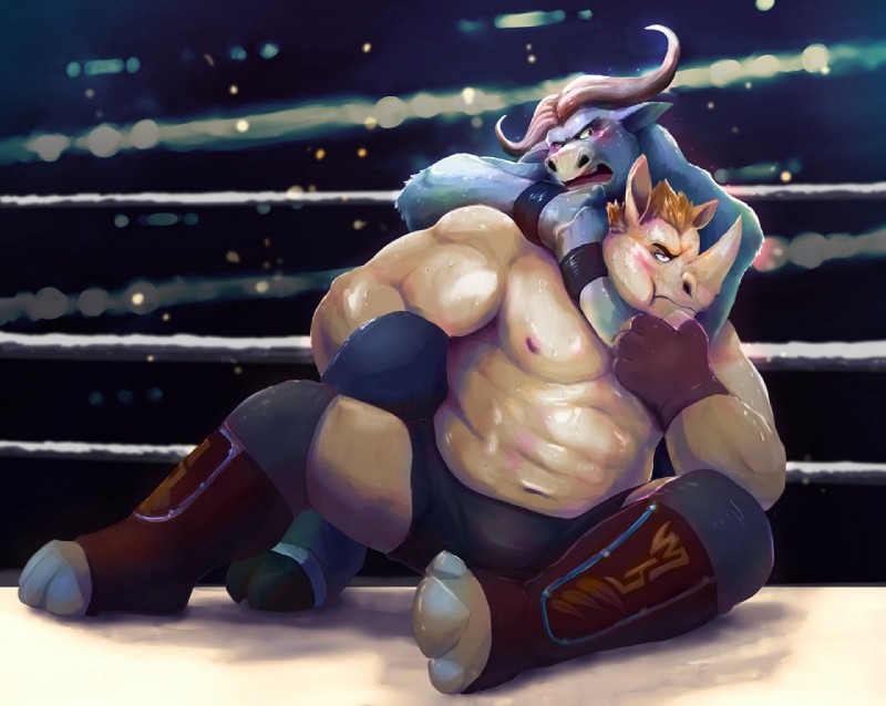 abs anthro biceps blush bodily_fluids clothed clothing duo fighting_ring fur horn male muscular muscular_male navel nipples pecs sleeper_hold sweat topless wrestler wrestling merfiller disney zootopia chief_bogo bovid bovine cape_buffalo mammal rhinoceros 2016 digital_media_(artwork)