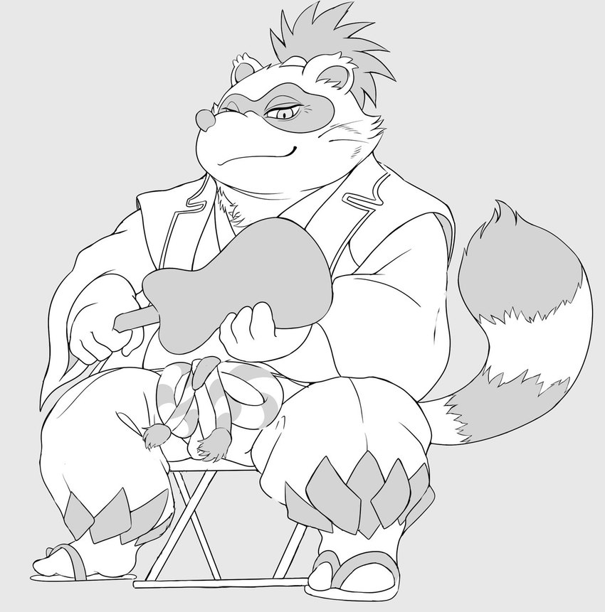 anthro asian_clothing clothing east_asian_clothing footwear humanoid_hands japanese_clothing kemono male sandals shoes sitting slightly_chubby solo hysk sengoku_puzzle tokugawa_ieyasu canid canine mammal raccoon_dog tanuki 2022 hi_res monochrome