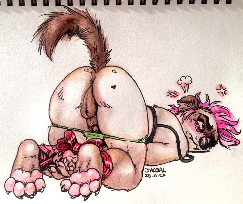 annoyed anthro anus ass_up balls bdsm blush bondage bound bow_(feature) bow_ribbon bra_strap brown_body brown_fur butt butt_tattoo clothed clothing cross-popping_vein ear_piercing ear_tails embarrassed feet foot_focus fur g-string genitals gynomorph hair heart_(marking) heart_on_body heart_symbol heart_tattoo holidays humanoid_genitalia humanoid_penis industrial_piercing intersex kneeling looking_away lying markings mohawk on_front partially_clothed pawpads paws penis perineum piercing pink_hair presenting presenting_hindquarters raised_tail ribbon_bondage ribbons sideburn_mohawk small_penis solo tail tattoo underwear underwear_down jacqal christmas fae_(jacqal) domestic_ferret mammal mustelid musteline true_musteline weasel 2020 hi_res painting_(artwork) traditional_media_(artwork) watercolor_(artwork) trans_(lore) trans_woman_(lore)