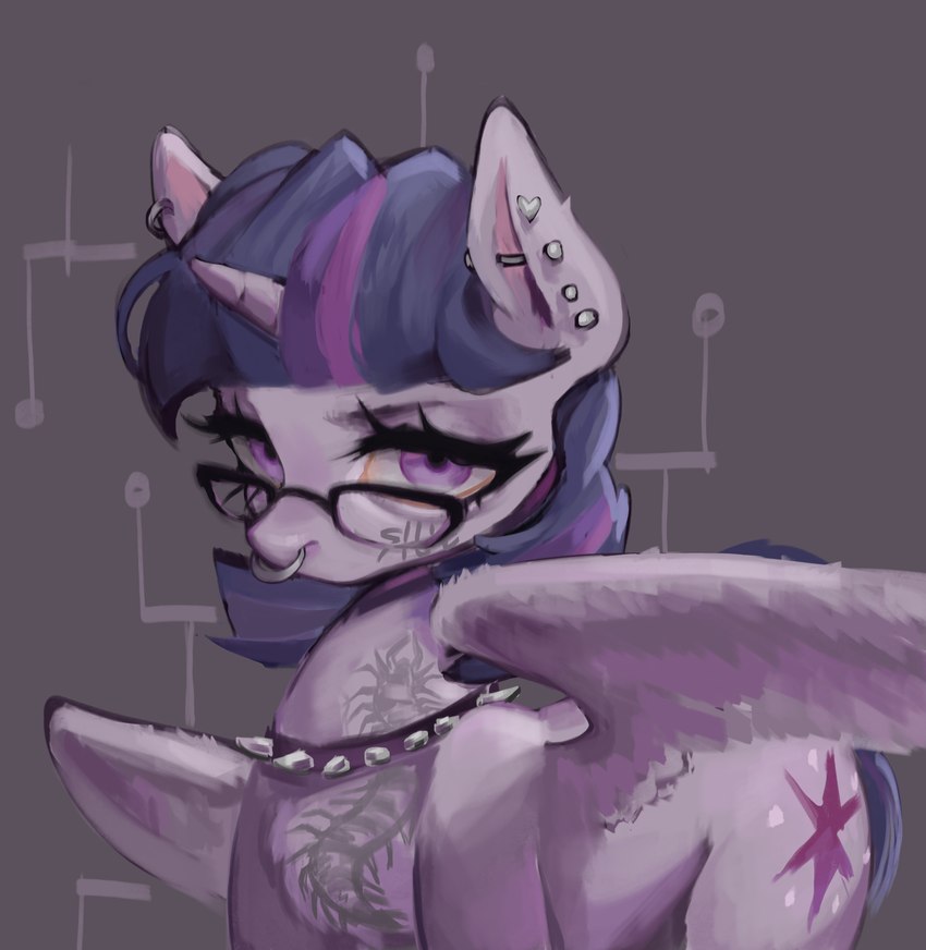 collar cutie_mark eyewear facial_piercing female feral glasses horn multiple_piercings nose_piercing pattern_background piercing simple_background solo spread_wings tattoo wings araslisio friendship_is_magic hasbro my_little_pony twilight_sparkle_(mlp) hi_res