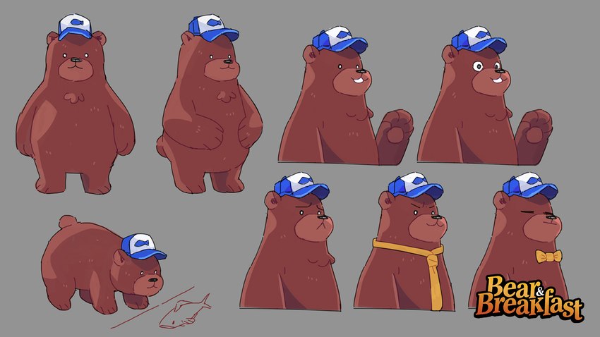 biped black_nose bow_tie brown_body clothing feral hat headgear headwear necktie solo unknown_artist bear_and_breakfast hank_(bear_and_breakfast) bear mammal 16:9 concept_art hi_res model_sheet official_art widescreen