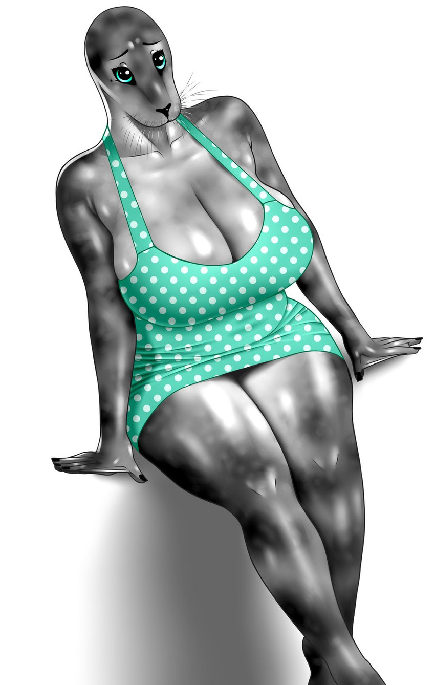 anthro big_breasts blue_eyes breasts cleavage clothed clothing female huge_breasts one-piece_swimsuit pleading_eyes polka_dots sad sitting solo swimwear thick_thighs whiskers ak2thousand mammal marine pinniped seal hi_res