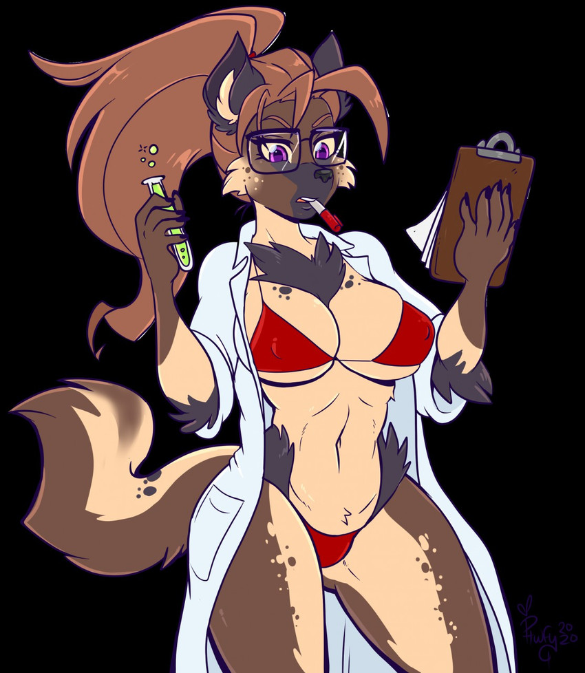 5_fingers anthro arm_tuft big_breasts bikini biped black_background black_body black_fur black_nose breasts brown_body brown_fur chest_tuft claws cleavage clipboard clothed clothing coat dual_holding eyewear female fingers fur glasses hair hip_tuft holding_clipboard holding_object holding_test_tube inner_ear_fluff lab_coat laboratory_equipment laboratory_glassware liquid long_hair marker marker_in_mouth markings multicolored_body multicolored_fur navel nipple_outline paper ponytail reading red_bikini red_clothing red_hair red_swimwear scientific_instrument scientist simple_background skimpy solo spots spotted_body spotted_fur standing swimwear teeth test_tube thick_thighs topwear tuft two-piece_swimsuit two_tone_body two_tone_fur under_boob writing_utensil phuufy dreaj1 brigitte_corduroy hyena mammal spotted_hyena 2020 hi_res